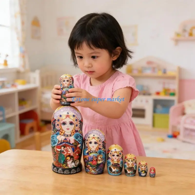 090B Russian Nesting Doll 10pcs Handcrafts Wooden Matryoshka Doll Toy with Traditional Colorful Pattern Folk Art Craft Toy