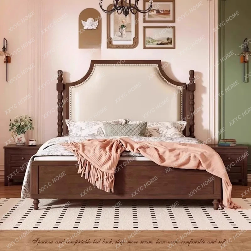 

Двуспальная кровать в ретро-стиле из массива дерева, мягкая, в стиле лёгкой роскоши, среднего антикварного стиля, большая кровать для спальни, свадебная кровать.