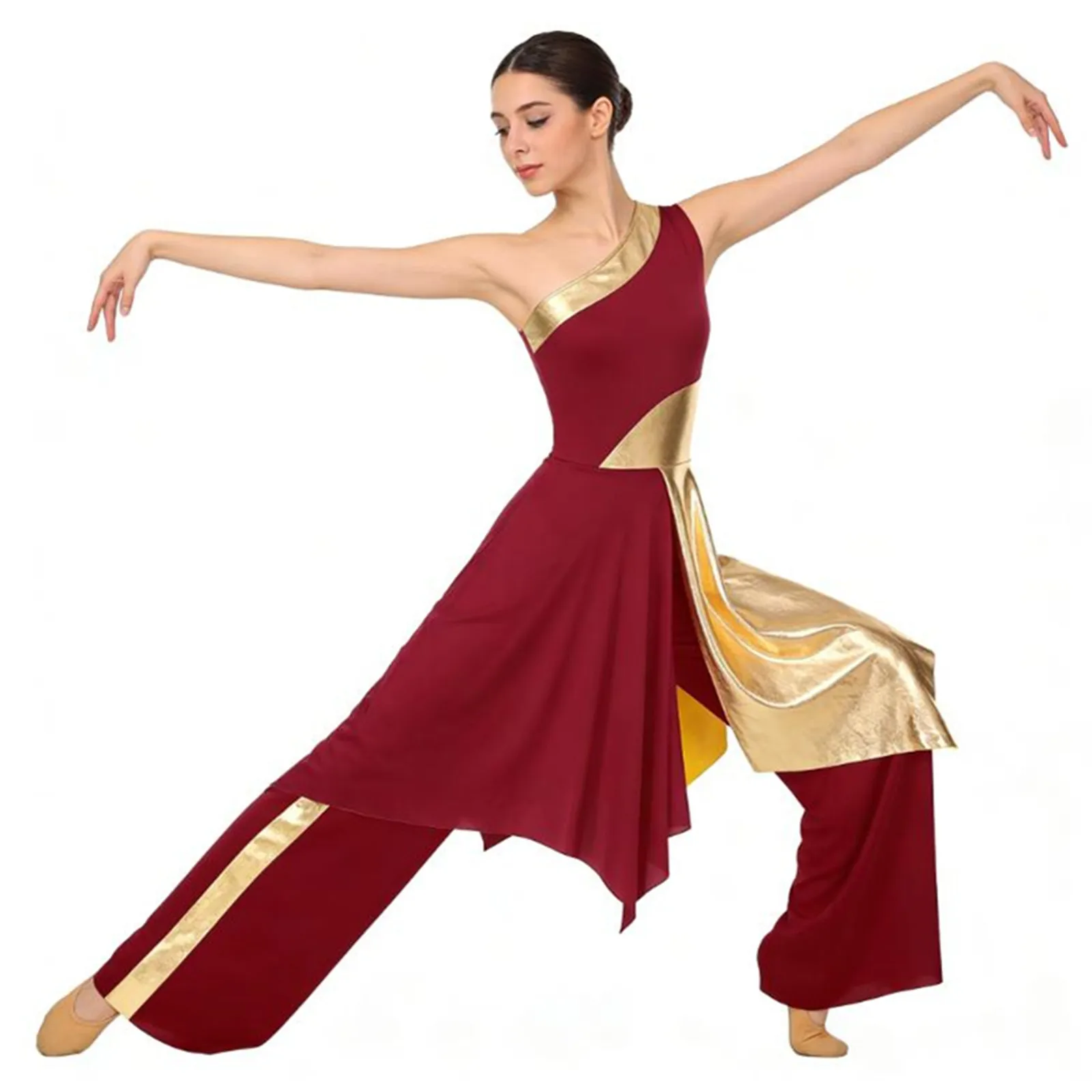 

Womens Worship Liturgical Praise Dance Outfit One Shoulder Irregular Hem Choir Church Ballet Dress with Metallic Wide-Leg Pants