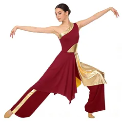 Womens Worship Liturgical Praise Dance Outfit One Shoulder Irregular Hem Choir Church Ballet Dress with Metallic Wide-Leg Pants
