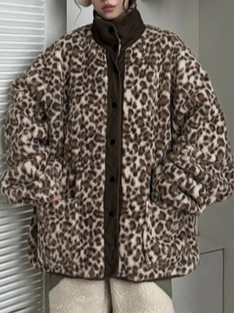 

Korean Faion Leopard Print Plu Dstring Collar Single Button Loose Lazy Sle High-End Feel Cotton Jaet for Women