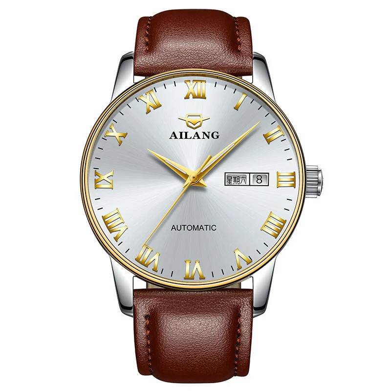 Simple Classic Ailang Business Stainless Steel Case Mechanical Watch Automatic Water Resistant 3ATM Elegant Style Dual Calendar