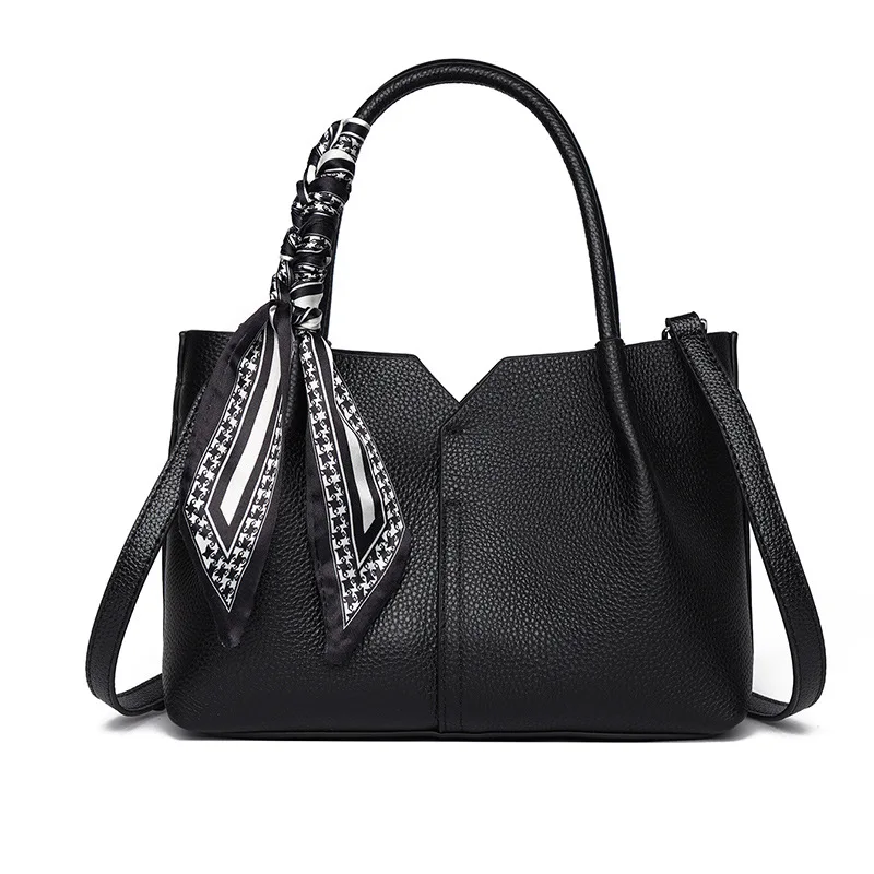 Genuine Leather Women Basket Bag With Silk Scarf Decor Large Capacity Tote Shoulder Crossbody Bag Ladies Commuter Handbag