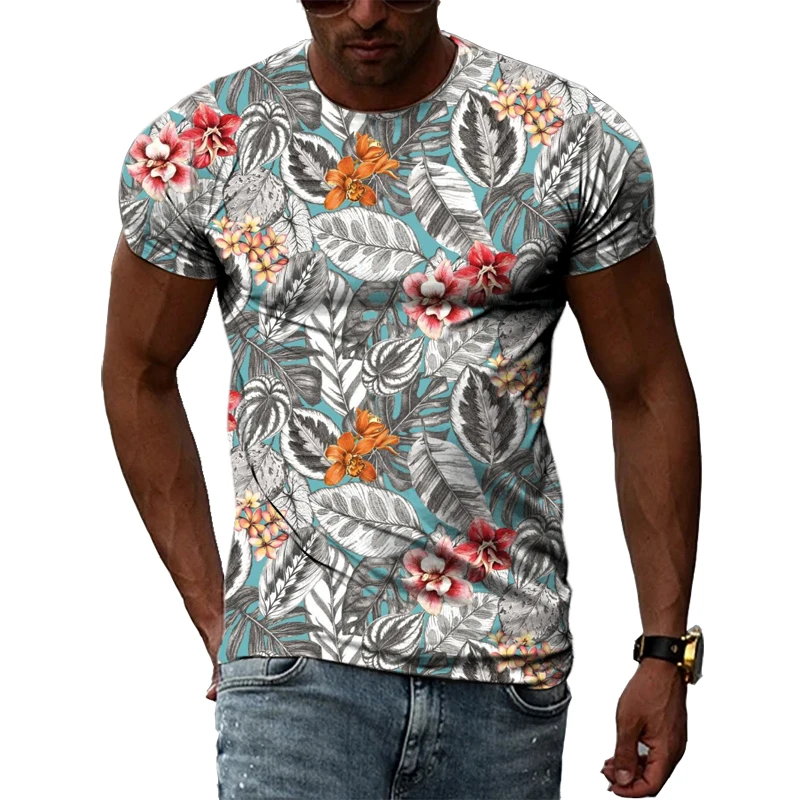 Summer New Men\'s Floral Pattern 3D T-shirt Street Hip Hop Personality Print Tops Trendy Fashion Round Neck Short Sleeve Clothing