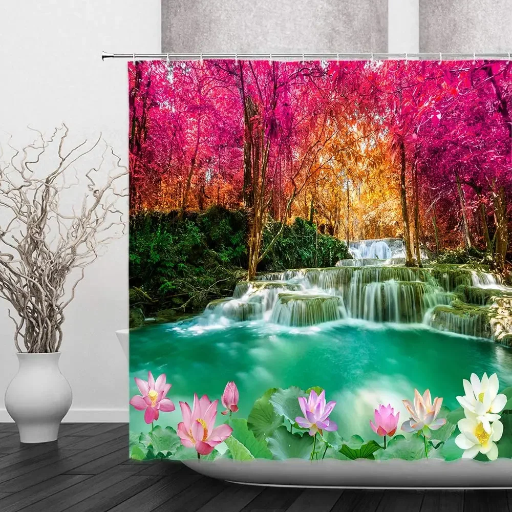 Forest Waterfall By Ho Me Lili Shower Curtain Autumn Dreamy Wonderland Green Lake Lotus Pond Romance Bathroom Decorwith Hook