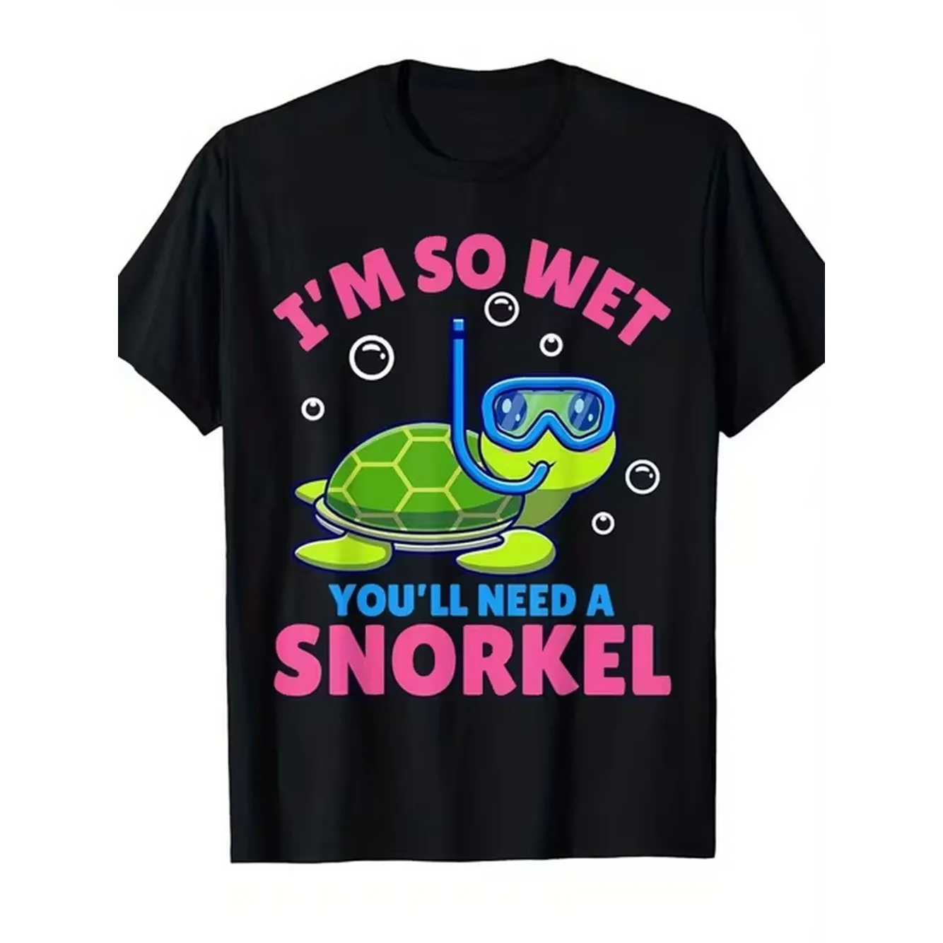 mens plus size im so wet snorkeling turtle graphic t shirt fun black tee with pink text and cartoon sea turtle wearing goggles and summer