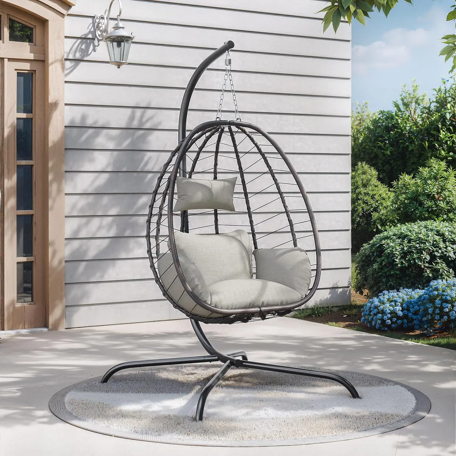 Outdoor Egg Chair Stand Wicker Swing Hammock UV Cushion All-Weather 485lbs Patio Garden, Customized