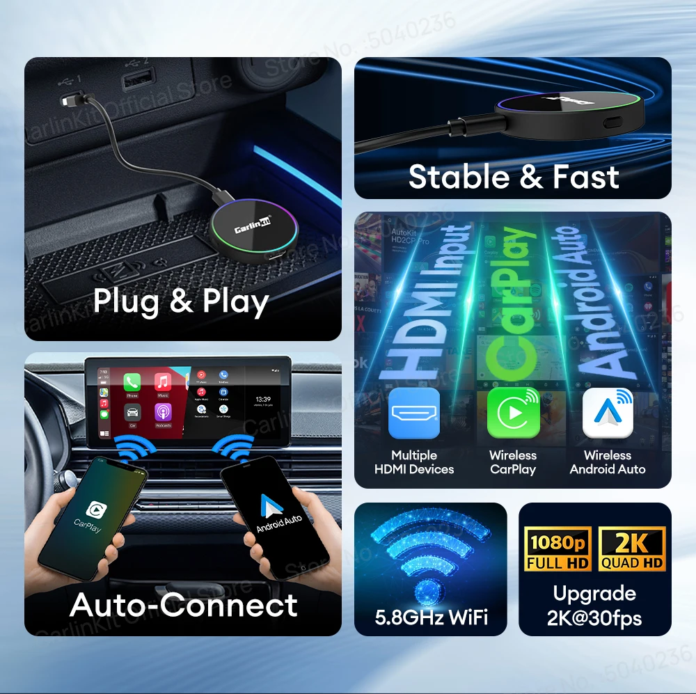 NEU CarlinKit HD2CP Pro CarPlay zu HDMI Wireless Android Auto CarPlay 3-in-1 Smart Car Box Plug and Play 2K Video Streaming Box – Detail 2