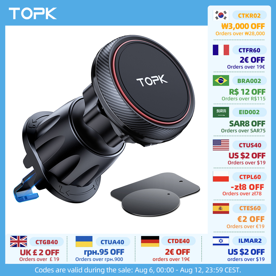 TOPK Magnetic Car Phone Mount in Car Phone Holder Air Vent Magnetic, 6 N52 Magnets Universal Mobile Phone Holders for iPhone 15 