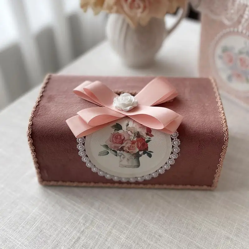

Korean Vintage Italian Velvet Tissue Box - French European Premium Chenille & Pearl Bow Dispenser, Handmade Decor