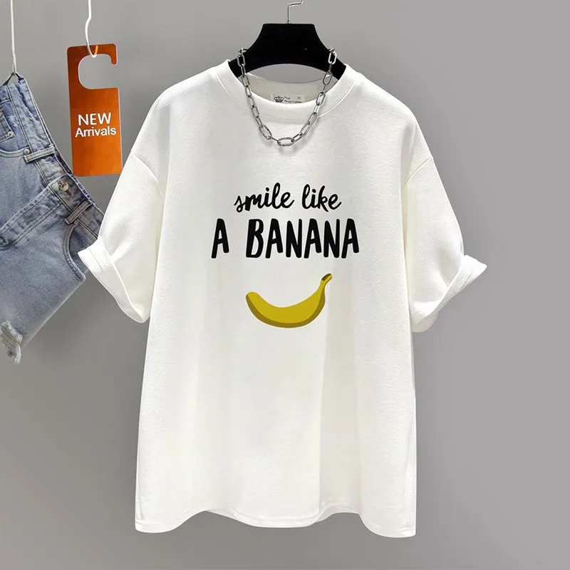 Women's Clothing Chic Smile Like a Banban Print T-shirt Summer New Fashion All-match Cotton Short Sleeve Tee Lady O-neck Y2k Top