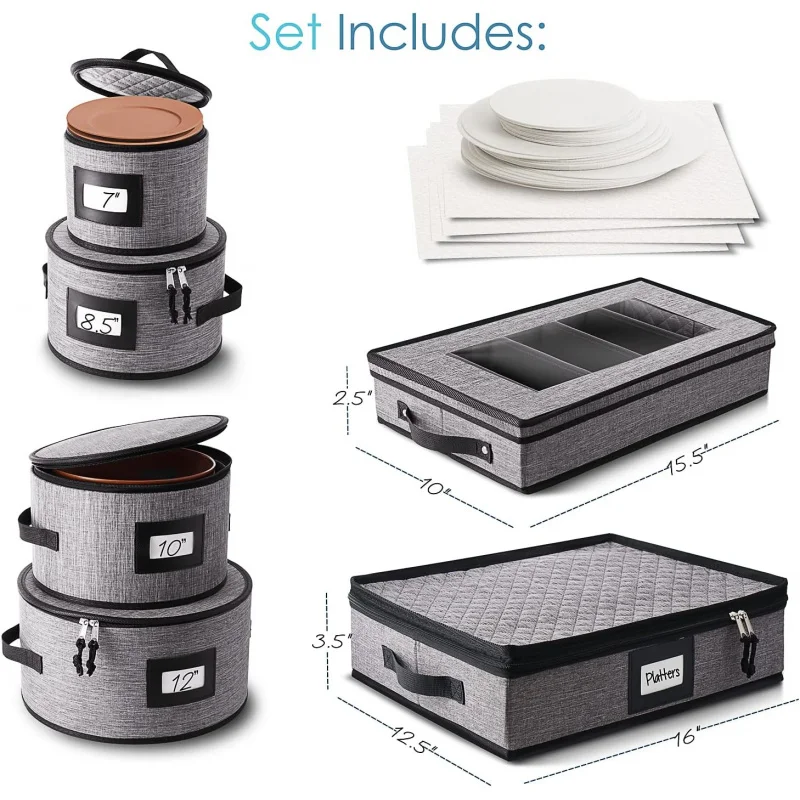 Fine China Storage Containers Hard Shell – 6 Piece Dish and Flatware & Utensil , Quilted Stackable