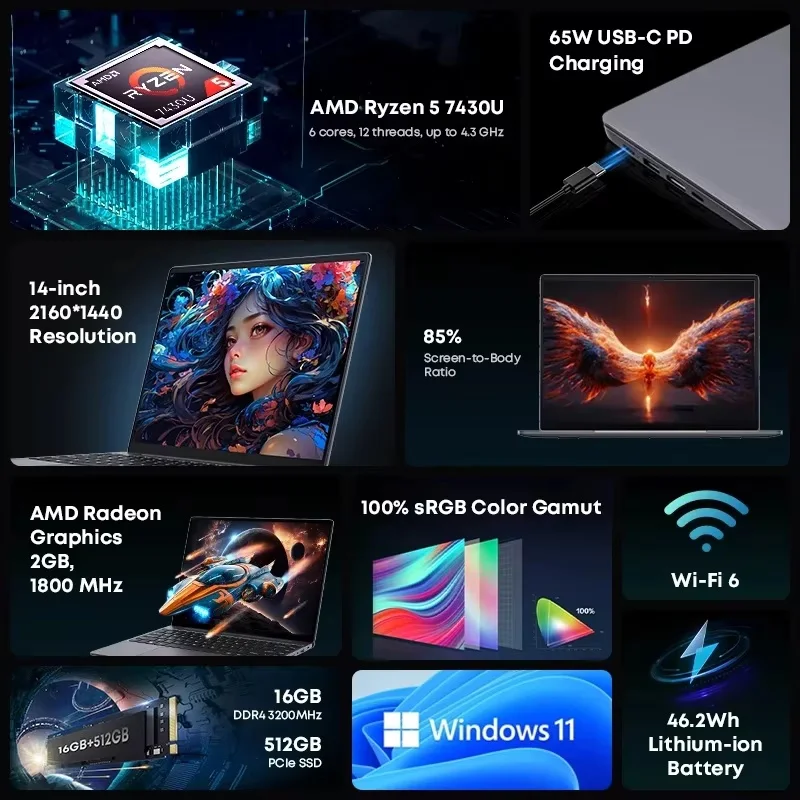 CHUWI CoreBook X 게이밍 노트북 AMD R5-7430U 16GB DDR4 RAM 512GB SSD 14.1인치 FHD IPS 화면 경량 노트북 Windows 11