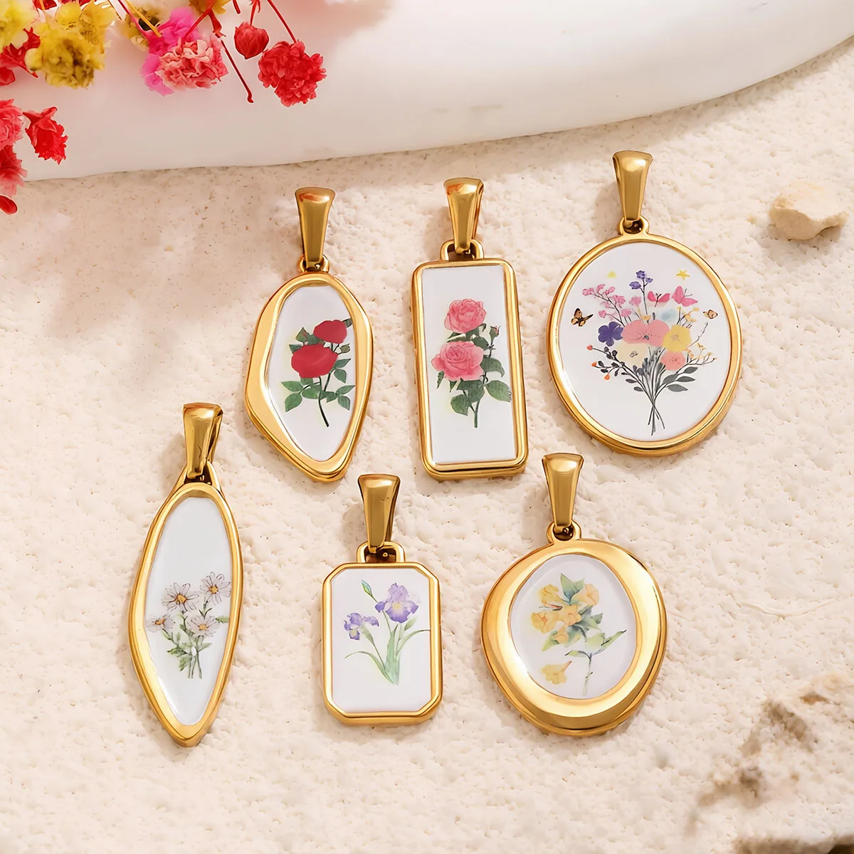 Edelstahl-Emaille-Blumenanhänger, Kawaii EDC-Charms, vergoldet, DIY-Armband, Halskette, Ohrring, Schmuckherstellung, Großhandel