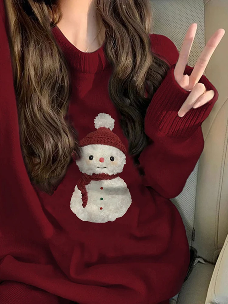 

Красный вязаный свитер с новогодним мультяшным принтом для женщин, свободный крой, осенне-зимний модный дизайн, повседневный топ для отдыха и работы
