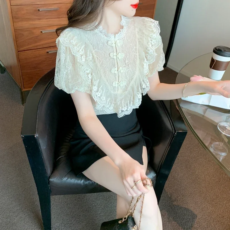 Vintage Lace Blouses Women Summer 2024 Elegant Fashion Casual Puff Sleeve Ladies Tops Korean Style Slim Y2k Chiffon Shirts