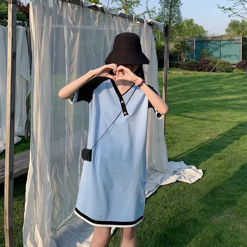Summer Sweet Spliced Midi Dress Fashion Contrasting Colors Women's Clothing V-Neck Button Casual Short Sleeve Straight Dresses