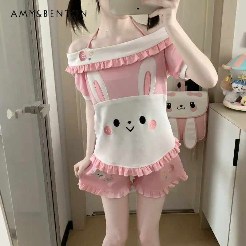

Милый комплект из двух предметов: топ с вышивкой в виде мультяшного кролика, открытыми плечами и короткими рукавами, а также широкие шорты. Женский летний комплект для милых девушек, розовый.