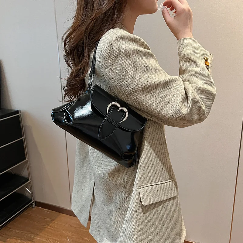 Versatile Red Wrinkle Underarm Bag For Women 2024 New Fashion One Shoulder Commuter Bag Elegant Love Buckle PU Leather Handbag