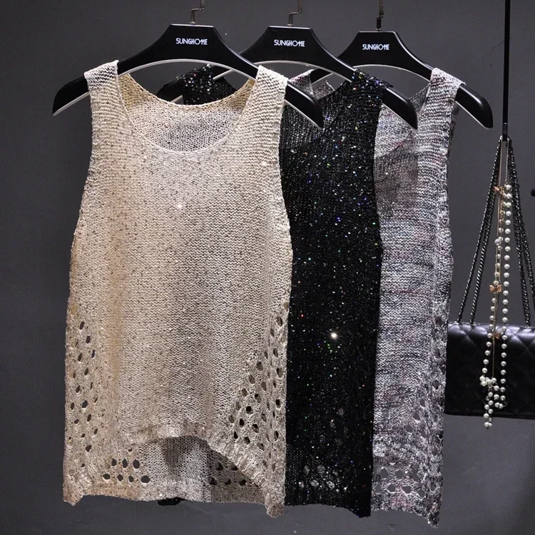 

women Silver sequined tank tops women shiny knited vest tops