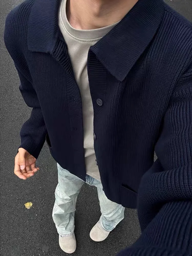 

American Retro k Blue Knitwear Cardigan Spring Autumn ex Loose Fit Casual Sle Faionable Leisure Collar Knitted Coat