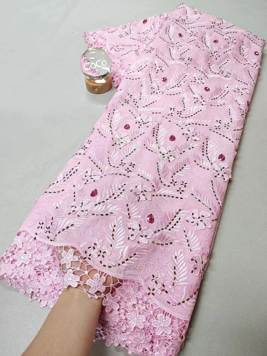 

2025 High-Quality Africa Nigerian Sequins Cotton Embroidery Lace Fabric Tulle 5 Yards for Wedding Party Dress Chiffon XL132