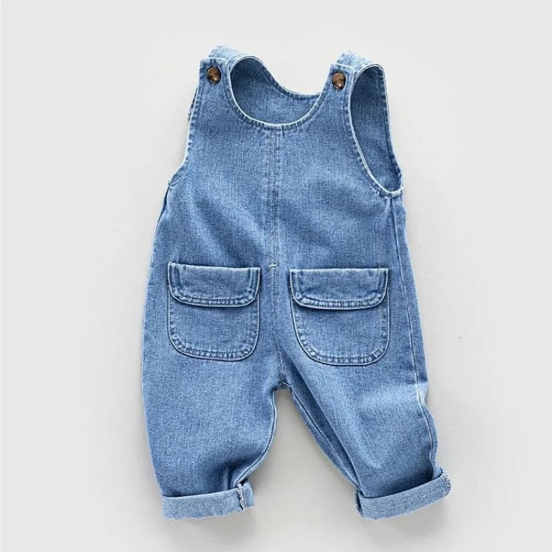 New Baby Children Overalls 1-5Y Solid Color Denim Jumpsuit for Girls Casual Dungarees Trousers Toddler Boy Rompers Jumper