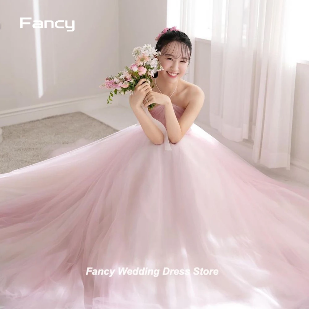 

Fancy Simple Pink A Line Wedding Dress Halter Sleeveless Korea Women Photoshoot Bridal Gown Soft Tulle Evening Party Dresses