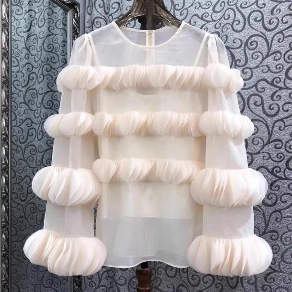 2025 Spring Unique Fresh Exquisite Women Clothing New Sweet All-match Top Personalized Long Sleeve Ruched Chiffon Shirt