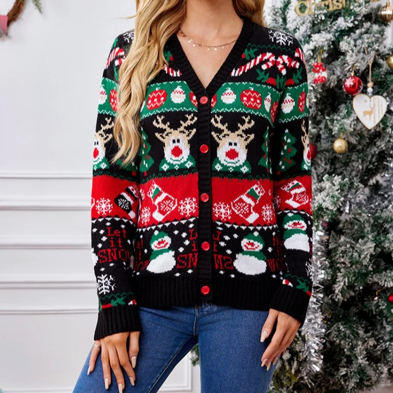 

Женский вязаный свитер Merry Xmas Holiday Look с мультяшным принтом, рождественские кардиганы с длинными рукавами, трикотаж, теплая мягкая куртка, пальто, топ