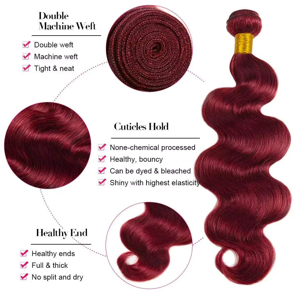 99J Burgundy Body Wave 100% Human Hair Bundles Red Wine Colored 3 4 Bundles Raw Virgin Brazilian Hair Weave Bundle 22 24 26 Inch image 4