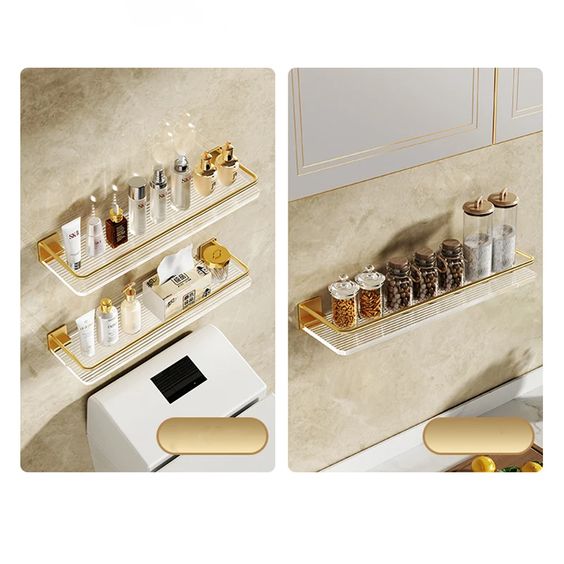 Bathroom Floating Shelves Gold, Wall Mounted Storage with Towel Bar for Kitchen, Bedroom Acrylic Wall Shelf Set with Towel Rack