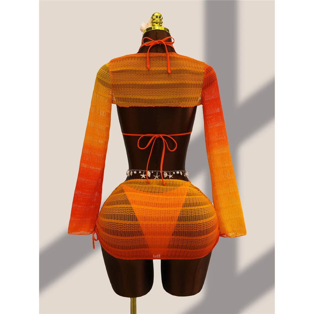 4-teiliges Bikini-Set mit Überwurfrock, Farbverlauf, Damen-Badebekleidung, Badeanzug, Badebekleidung, Badeanzug, Schwimmbekleidung V8303 – Detail 4