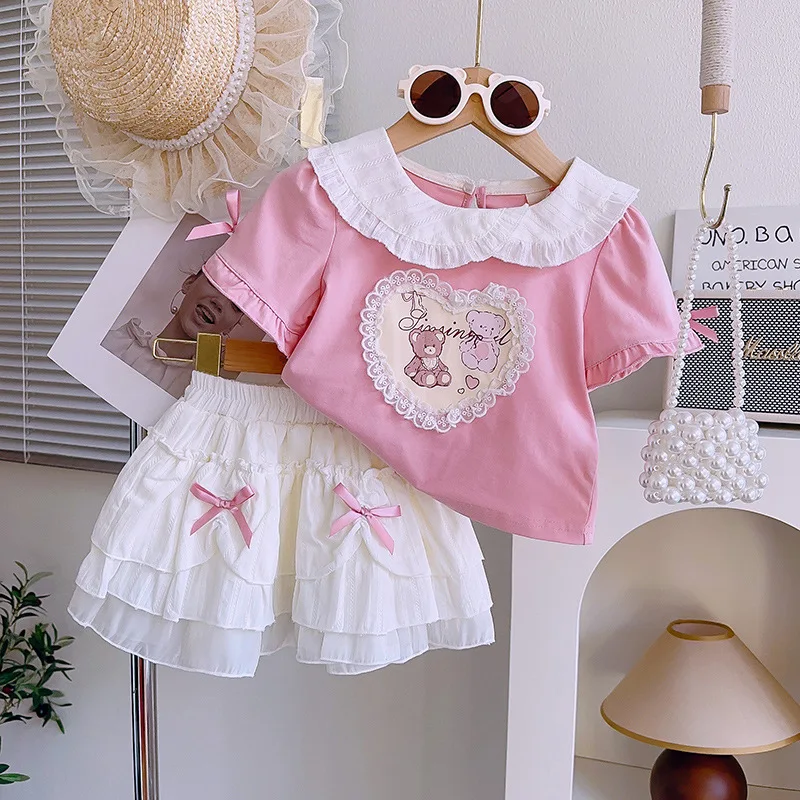 

Girls' Summer Outfit New Pink Puff Short Sleeve Ruffled CollarTT-shirt Top Cake Skirt