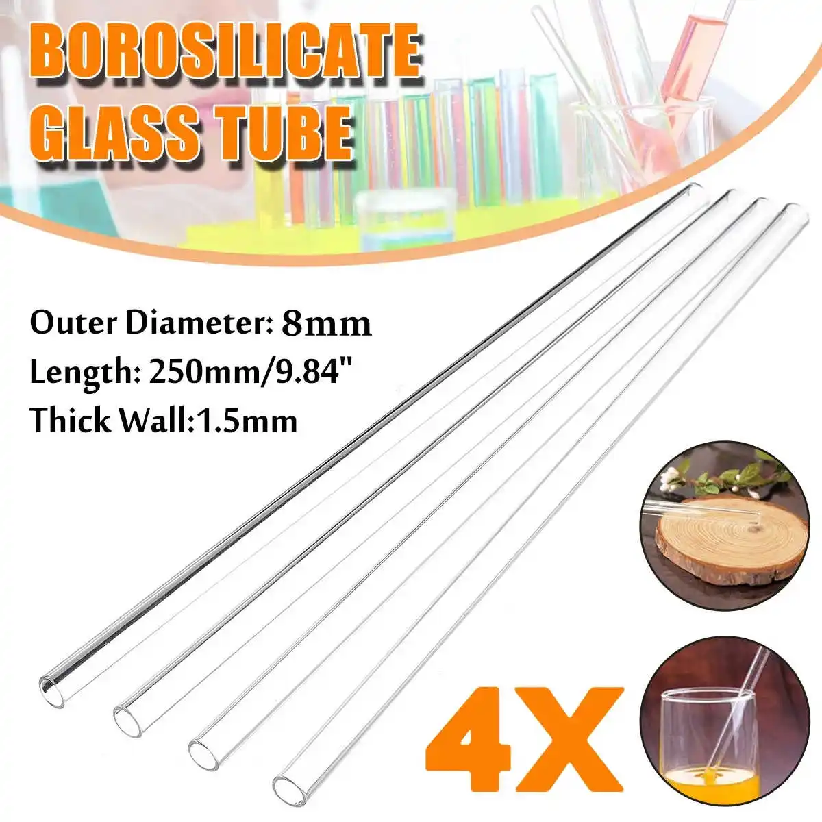 4Pcs 250mm OD 8mm 1.5mm Thick Wall Borosilicate Glass Blowing Tubes Lab