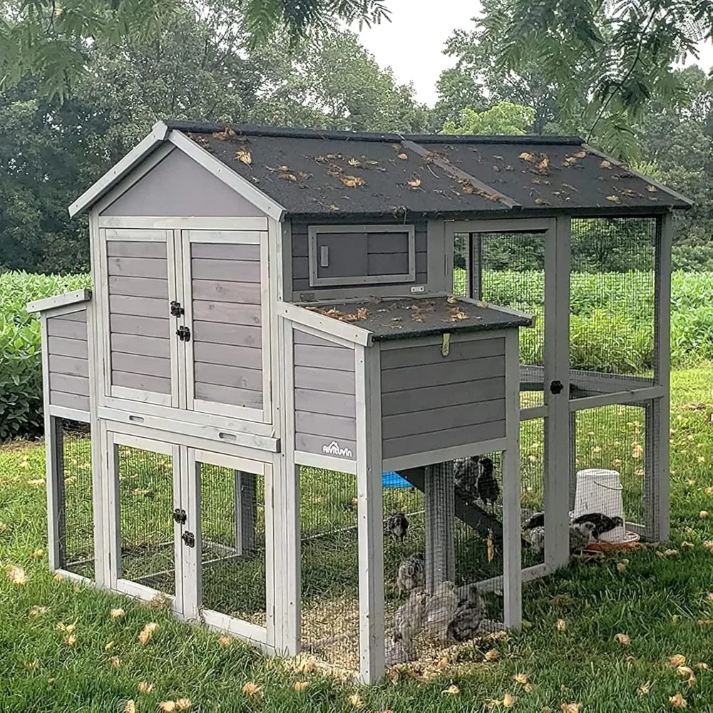 

Chicken Coop 75.7"Large Hen House Wooden Multi-Level Poultry Cage with Run Nesting Box,6-10 Chickens,size 75.7"L x 65.7"Wx59.1"H