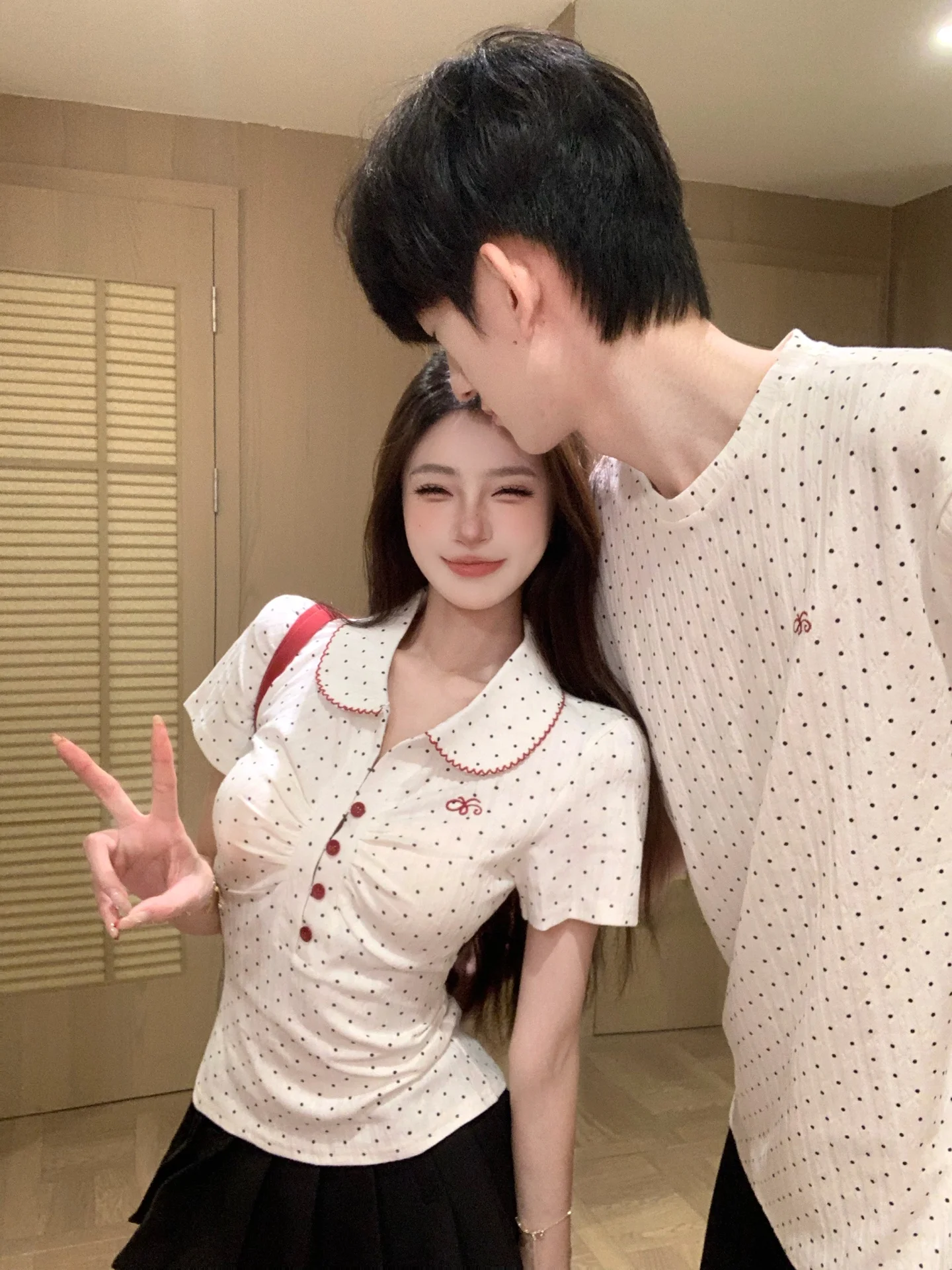 Couple's Polka Dot Short Sleeve  Neck Slim Fit T-Shirt And Skirt Set Sweet Style Breathable Skin-Friendly Summer Outfit