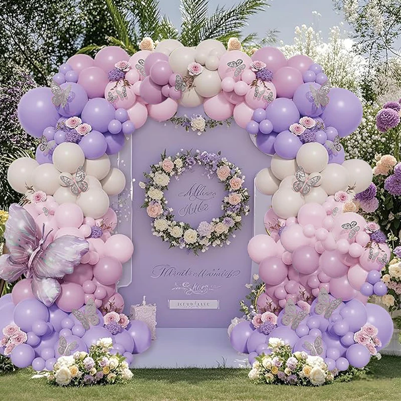 مجموعة إكليل مقوسة بالونات على شكل فراشة مكونة من 106 قطع، بالونات وردية وأرجوانية مع بالونات من رقائق الفراشة، مناسبة للفتيات #3