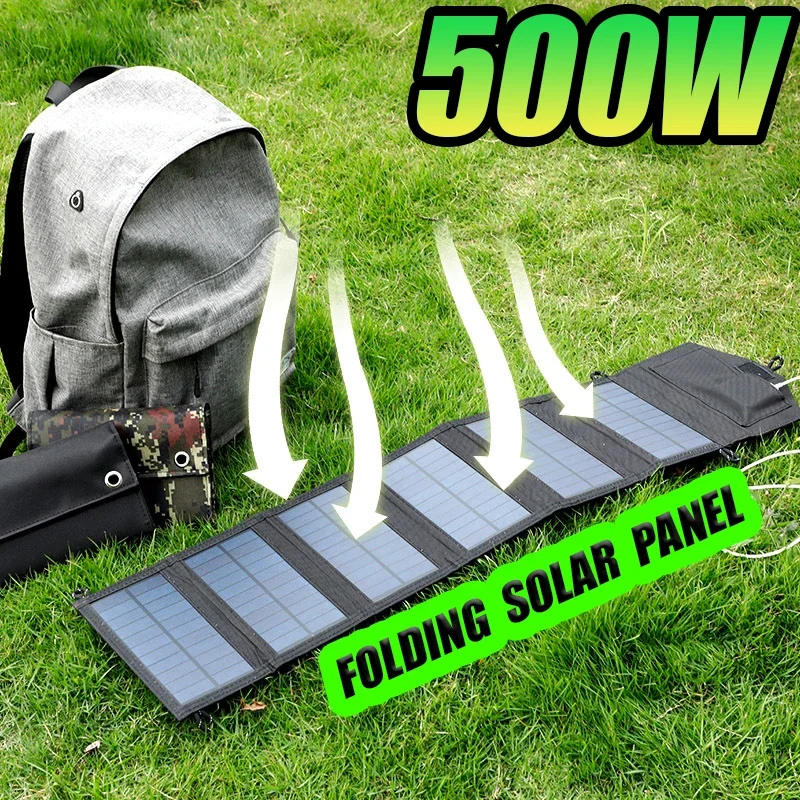 500W Portable Monocrystalline Silicon Solar Panel Charger USB 5V DC Foldable Solar Panel Mobile Phone Charging Power Bank Hiking