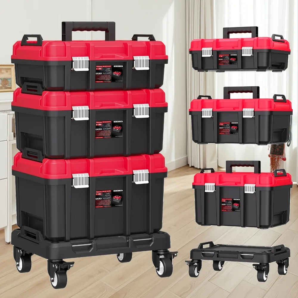 

3-Tier Lockable Rolling Tool Box with Wheels | Plastic Material, Connected Tool Organizer Box Storage System, Lockable Compartments & Slip Handle, 17" Large Toolboxes for Home Repairs, Professional Work