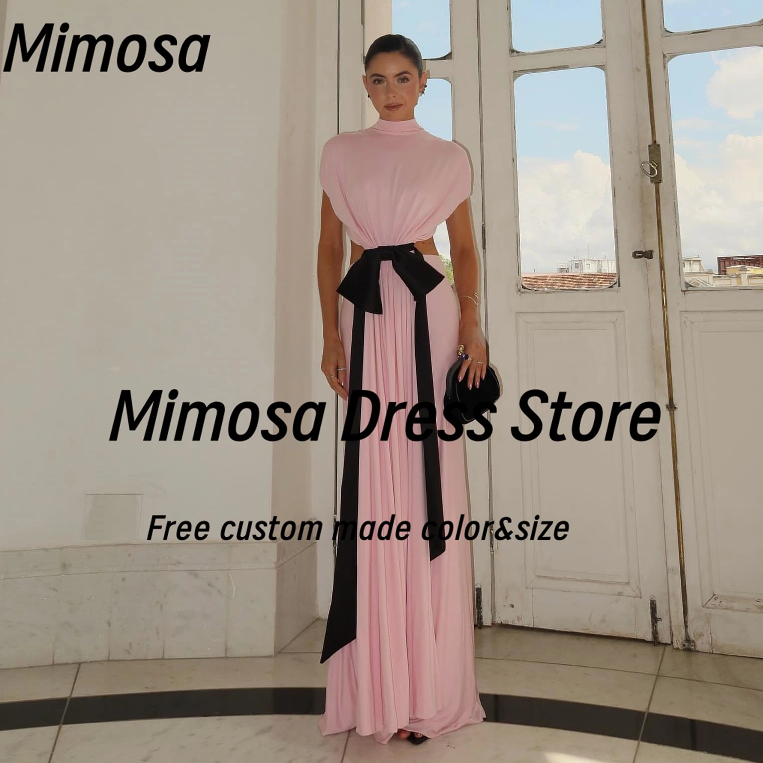 

Mimosa Prom Dresses High Collar Short Sleeves Robe Des Soiree Sexy Backless Robe Des Cocktail Party Evening Gowns Customized