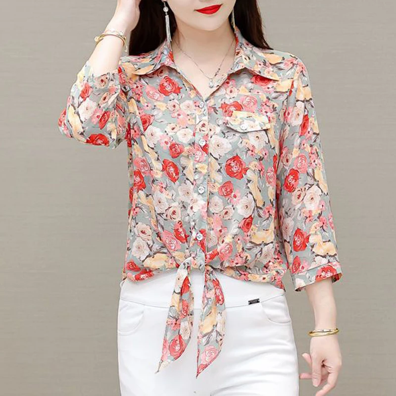 Vintage Floral Print Sweet Lace Up Elegant Button Up Shirt 2023 Spring Summer Korean Fashion Casual Slim Top Blouse Women Blusas