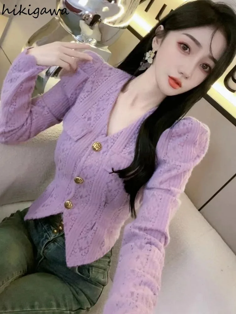 Korean Knitted Blouse Women V-neck Tunic Puff Sleeve Shirts Crop Tops Solid Color Fashion Temperament Blouses Camisas De Mujer