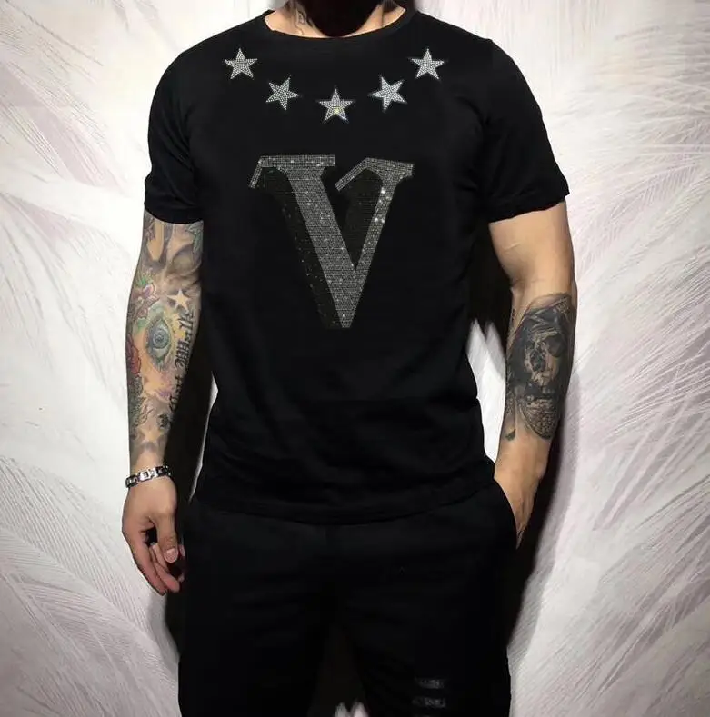 S-6XL  Anime  T Shirt For Men Rhinestones  Dress  Summer Fashion  Diamonds   T-Shirts  Streetwear  Men's Clothing