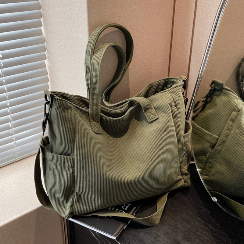 Women Corduroy Tote Bag, Casual Multi Pocket Zipper Handbag Adjustable Strap Crossbody Shoulder Bag for Fall Winter Daily Use