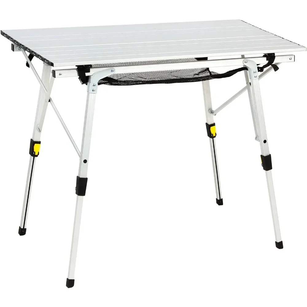 Outdoor Folding Table, Portable Picnic Camping Table with Adjustable Height Aluminum Roll Up Table Top Mesh Layer, Camping Table