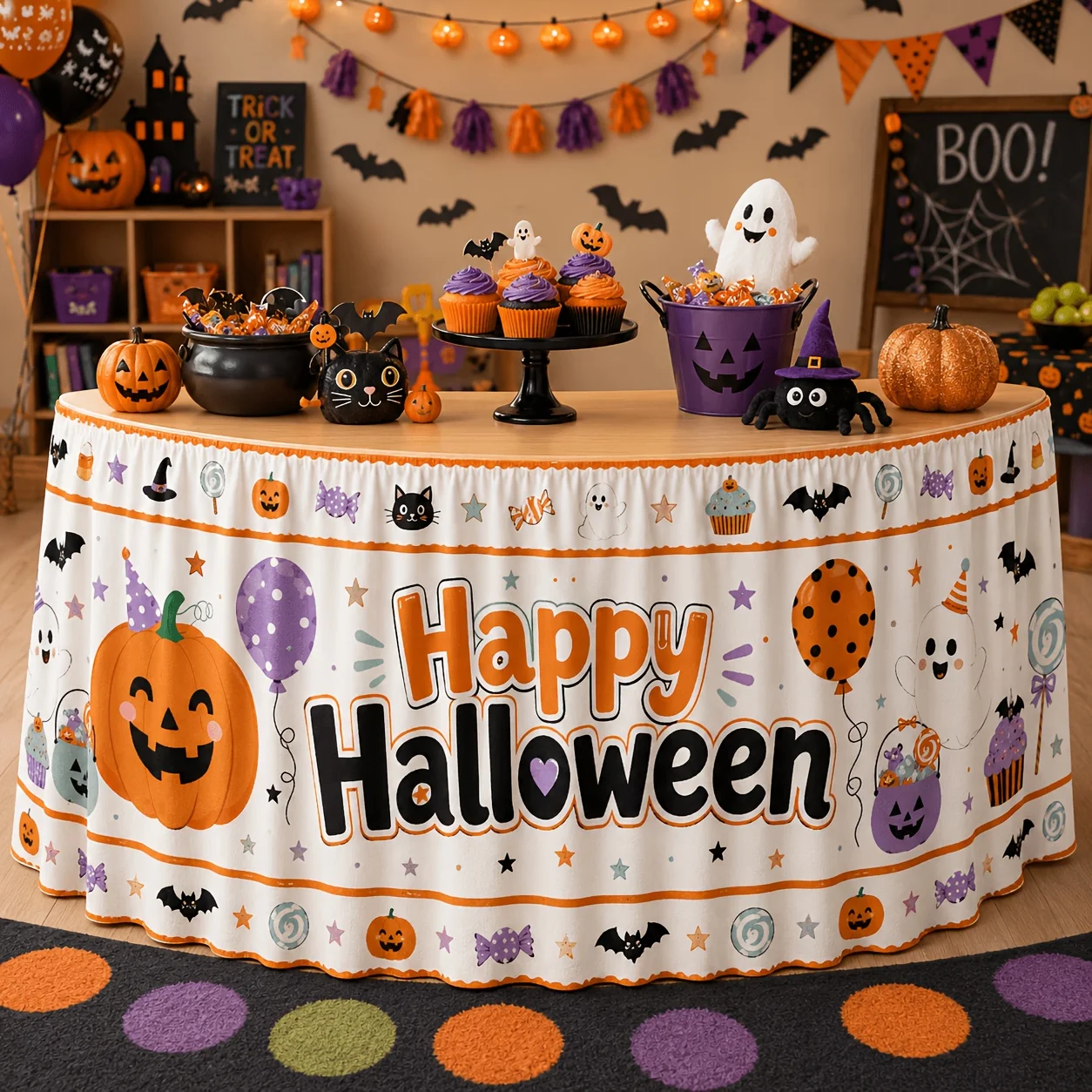 One table skirt, Happy Halloween, egg lantern, ghost, bat, balloon, almond egg, candy, stars