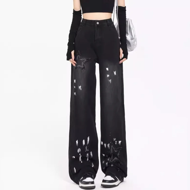 

2024 New American Retro Splash-ink Design Straight Jeans Women Autumn Winter New High Waist Loose Denim Wide Leg Pants Size S-XL