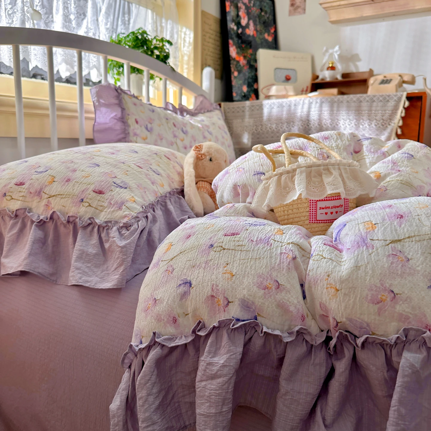 Floral print Korean Style Princess Ruffle Bedding Set Duvet Cover Set Washed Cotton Flat Sheet set Queen For Girl Decor Home