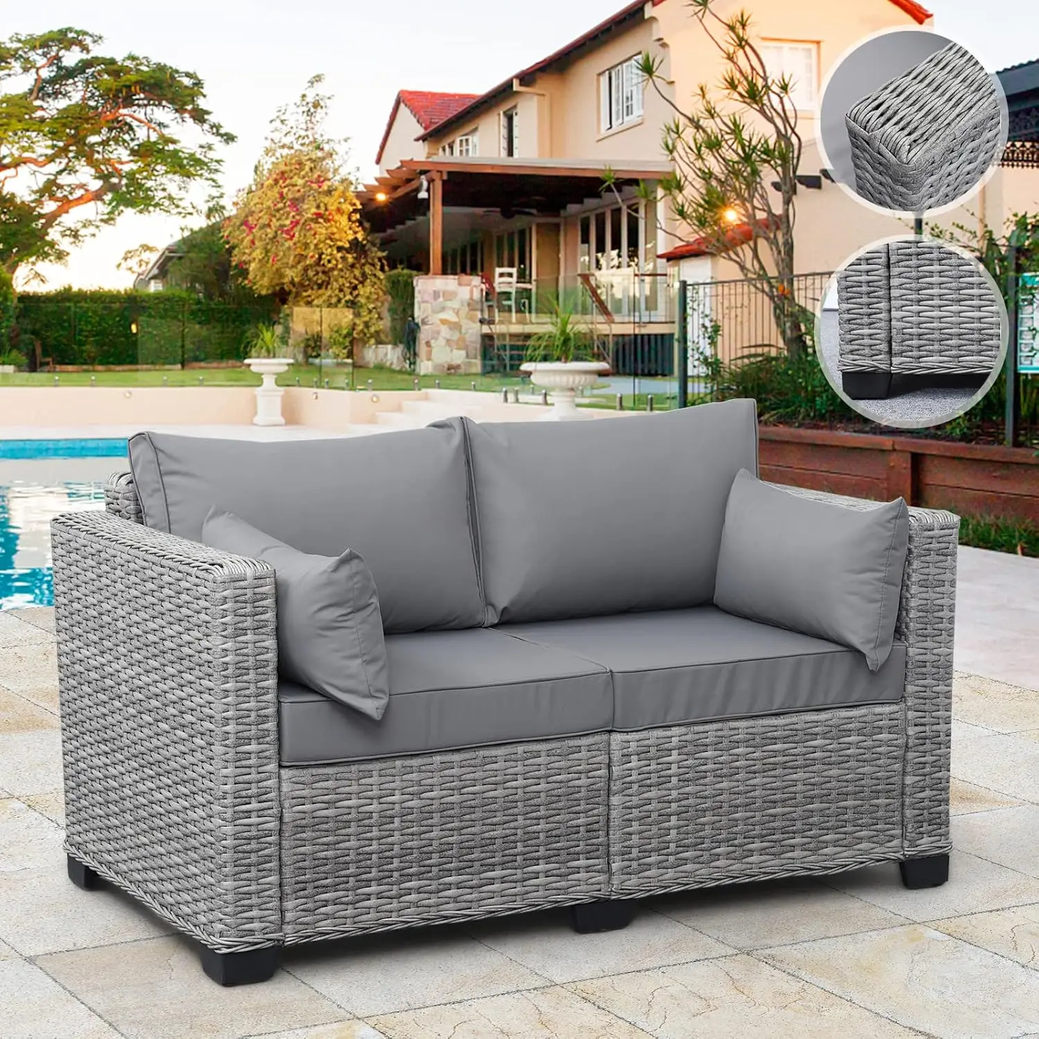 Outdoor Furniture Loveseat Sofa Balcony Furniture Outdoor Loveseat 2 Seater Couch Small Sofa with Anti-slip Outdoor Cushion